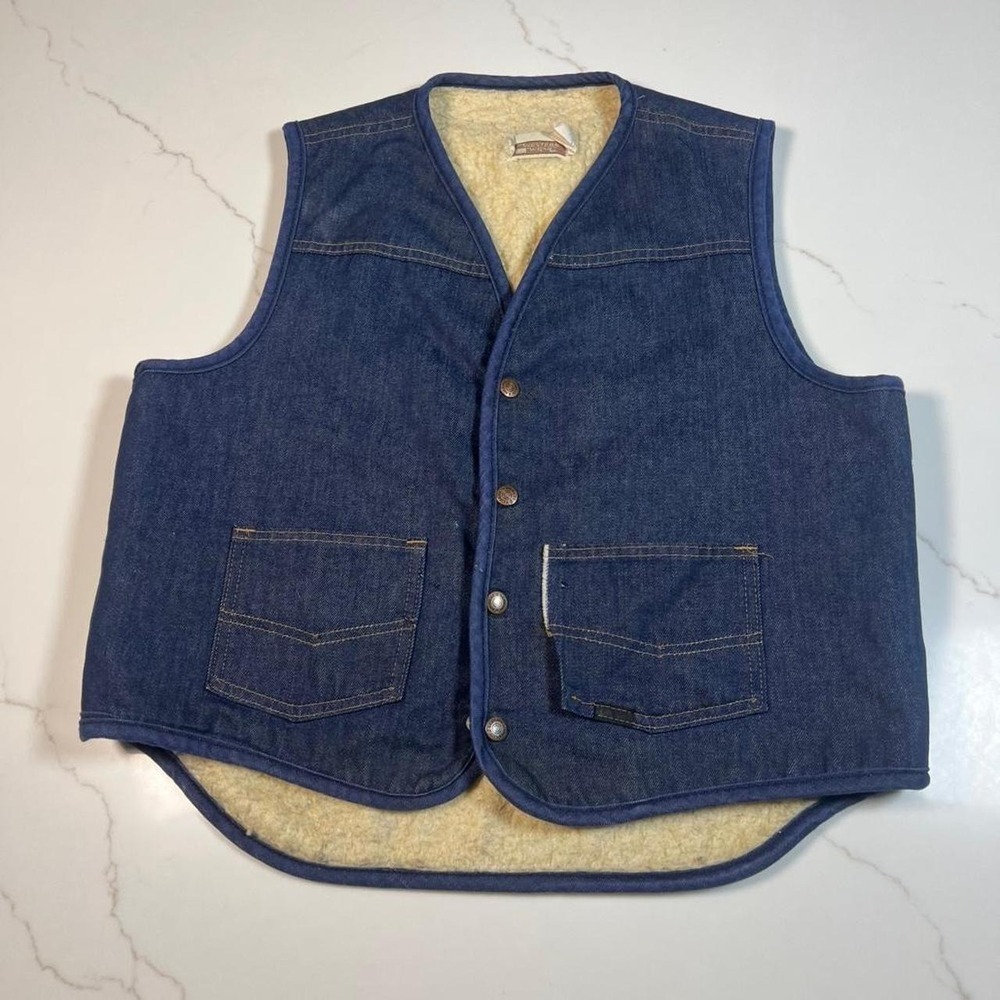 Sears Western Wear Denim Vest Mens Large Sherpa Lined Blue Vintage Snap Front